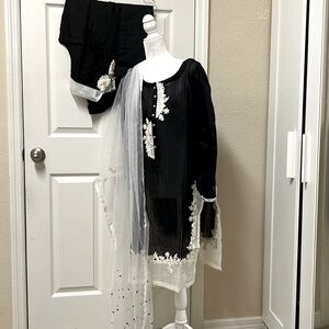 Pakistani Indian shalwar kameez 4 piece embroidered silk dress black color #283